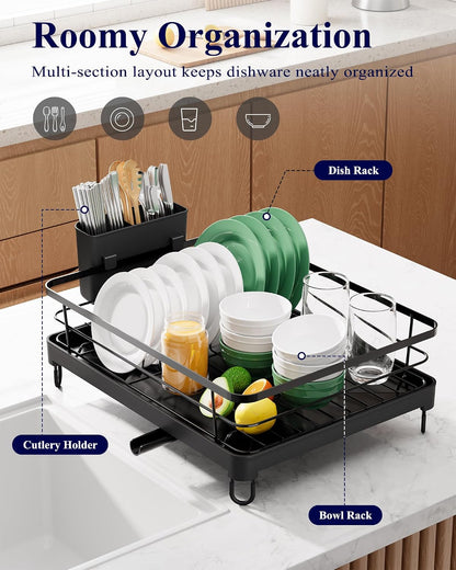 Dish Drying Rack for Kitchen Counter, 12''W x 15.5''L, Black | Stainless Steel Sink Organization, Cutlery Holder, Home and Appartment Decor