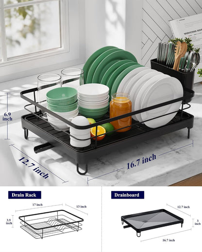 Dish Drying Rack for Kitchen Counter, 12''W x 15.5''L, Black | Stainless Steel Sink Organization, Cutlery Holder, Home and Appartment Decor