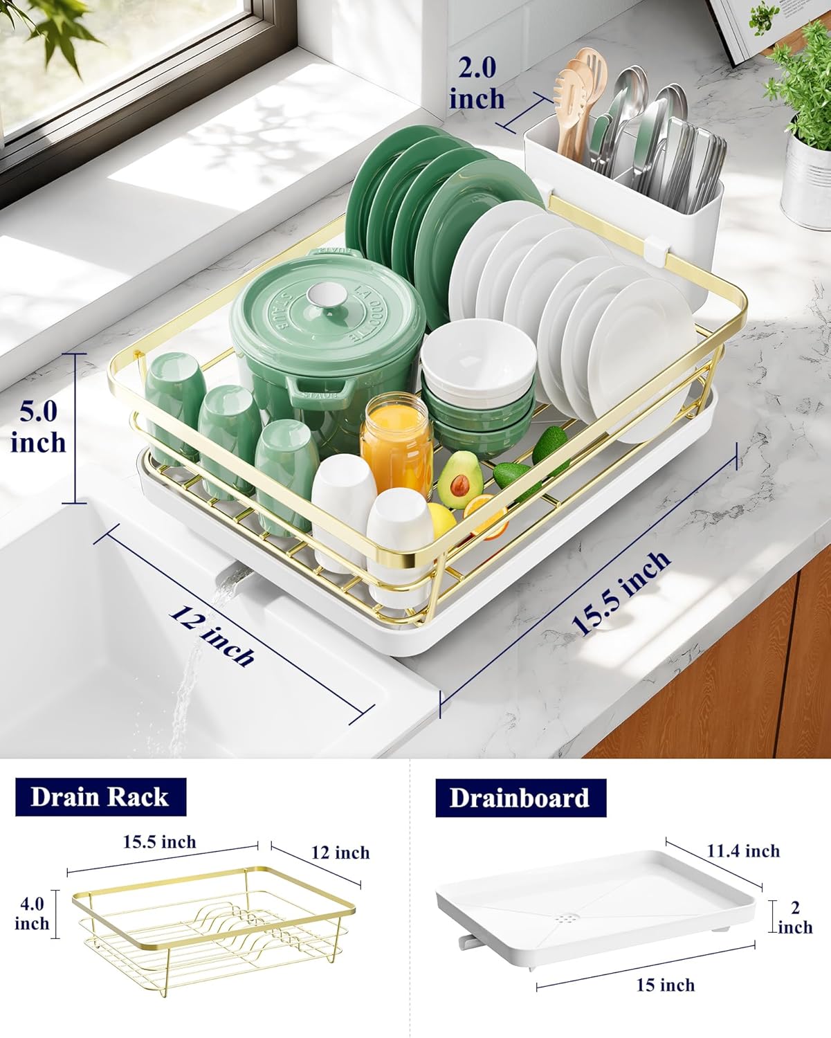 Dish Drying Rack for Kitchen Counter, 12''W x 15.5''L, Black | Stainless Steel Sink Organization, Cutlery Holder, Home and Appartment Decor