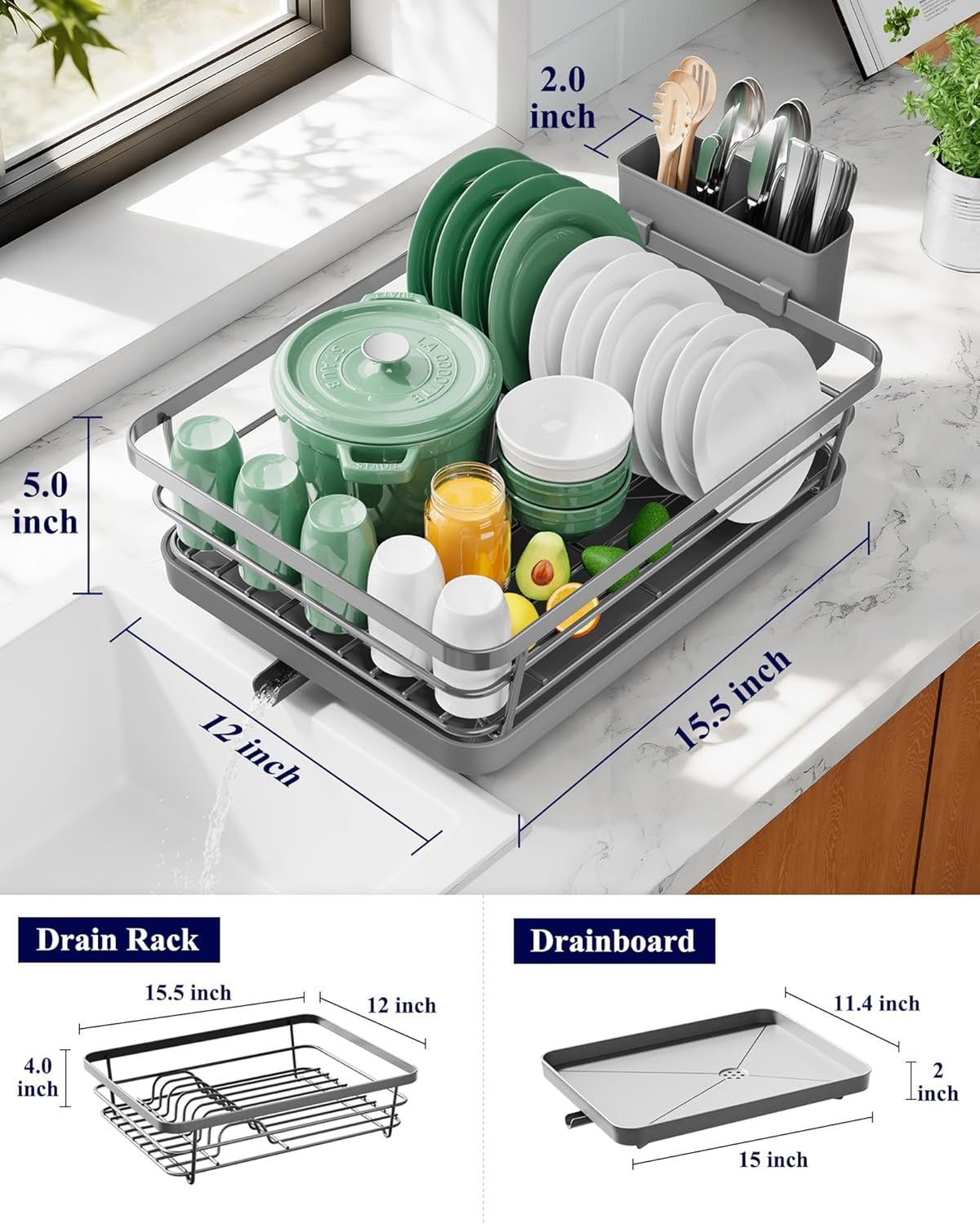 Dish Drying Rack for Kitchen Counter, 12''W x 15.5''L, Black | Stainless Steel Sink Organization, Cutlery Holder, Home and Appartment Decor