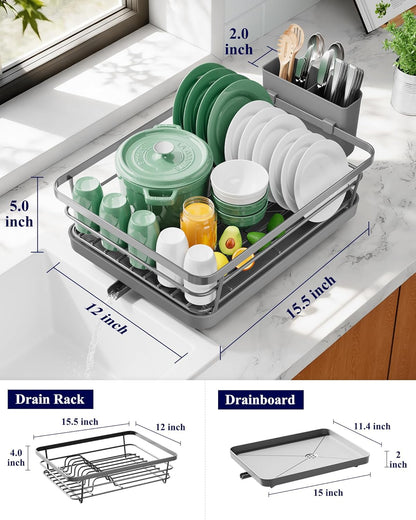 Dish Drying Rack for Kitchen Counter, 12''W x 15.5''L, Black | Stainless Steel Sink Organization, Cutlery Holder, Home and Appartment Decor