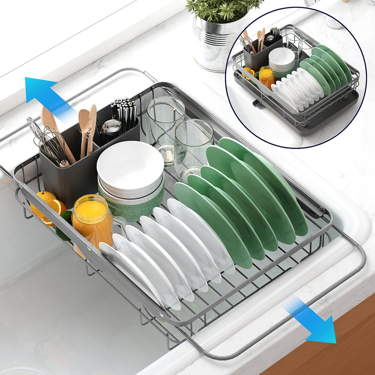 Dish Drying Rack for Kitchen Counter, 12''W x 15.5''L, Black | Stainless Steel Sink Organization, Cutlery Holder, Home and Appartment Decor