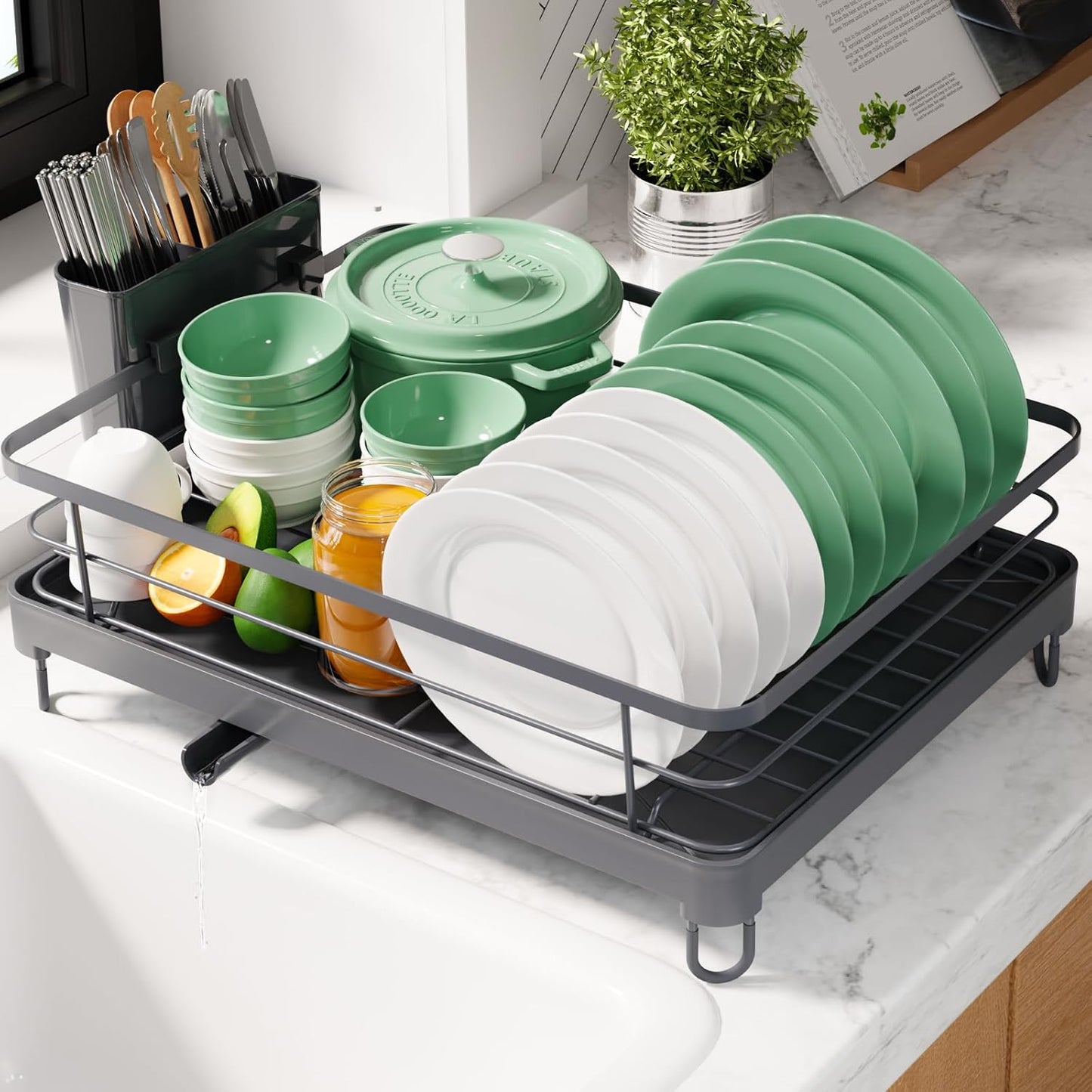 Dish Drying Rack for Kitchen Counter, 12''W x 15.5''L, Black | Stainless Steel Sink Organization, Cutlery Holder, Home and Appartment Decor
