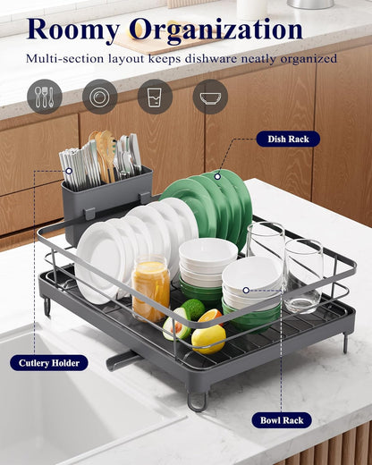 Dish Drying Rack for Kitchen Counter, 12''W x 15.5''L, Black | Stainless Steel Sink Organization, Cutlery Holder, Home and Appartment Decor