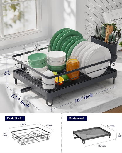 Dish Drying Rack for Kitchen Counter, 12''W x 15.5''L, Black | Stainless Steel Sink Organization, Cutlery Holder, Home and Appartment Decor