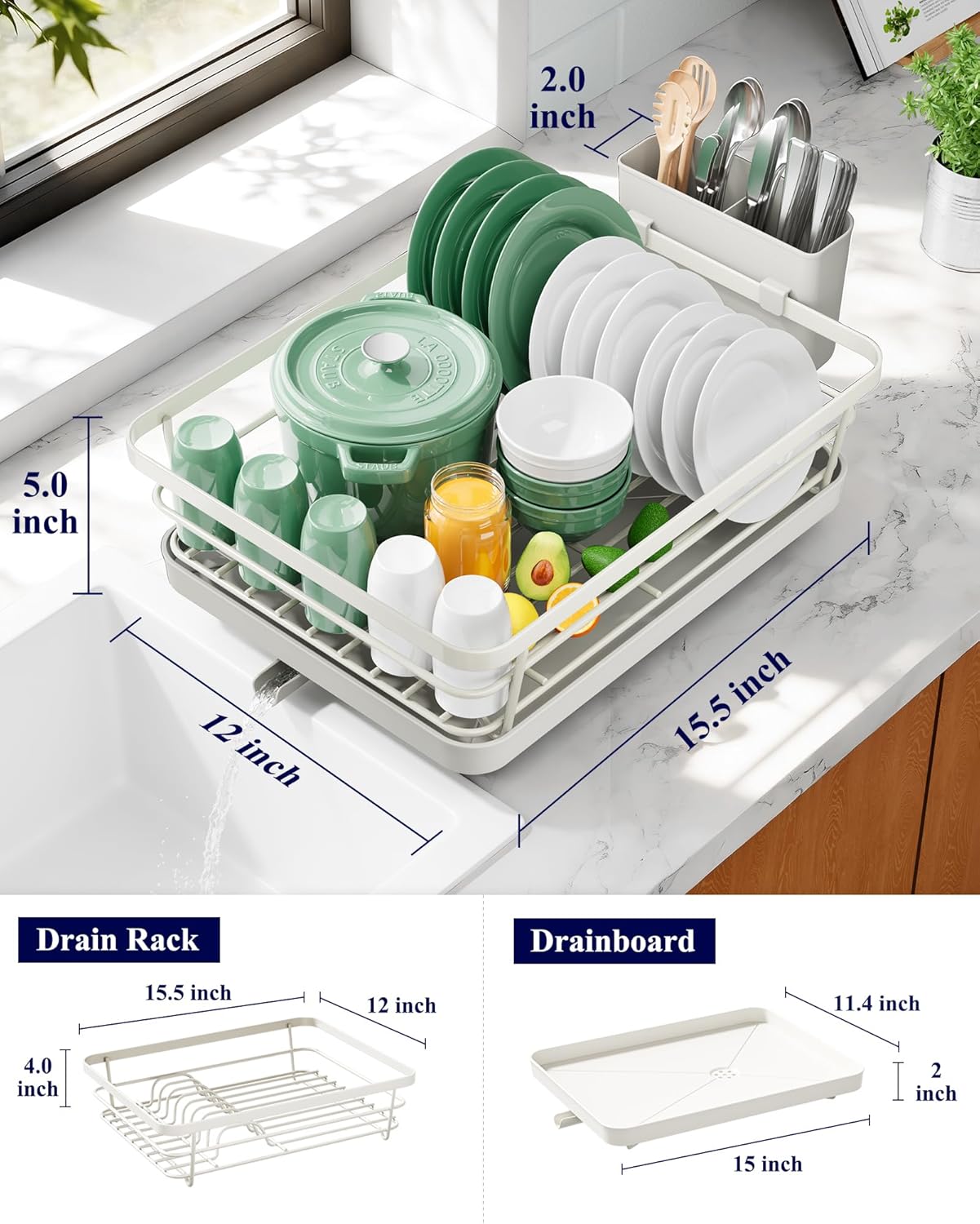 Dish Drying Rack for Kitchen Counter, 12''W x 15.5''L, Black | Stainless Steel Sink Organization, Cutlery Holder, Home and Appartment Decor