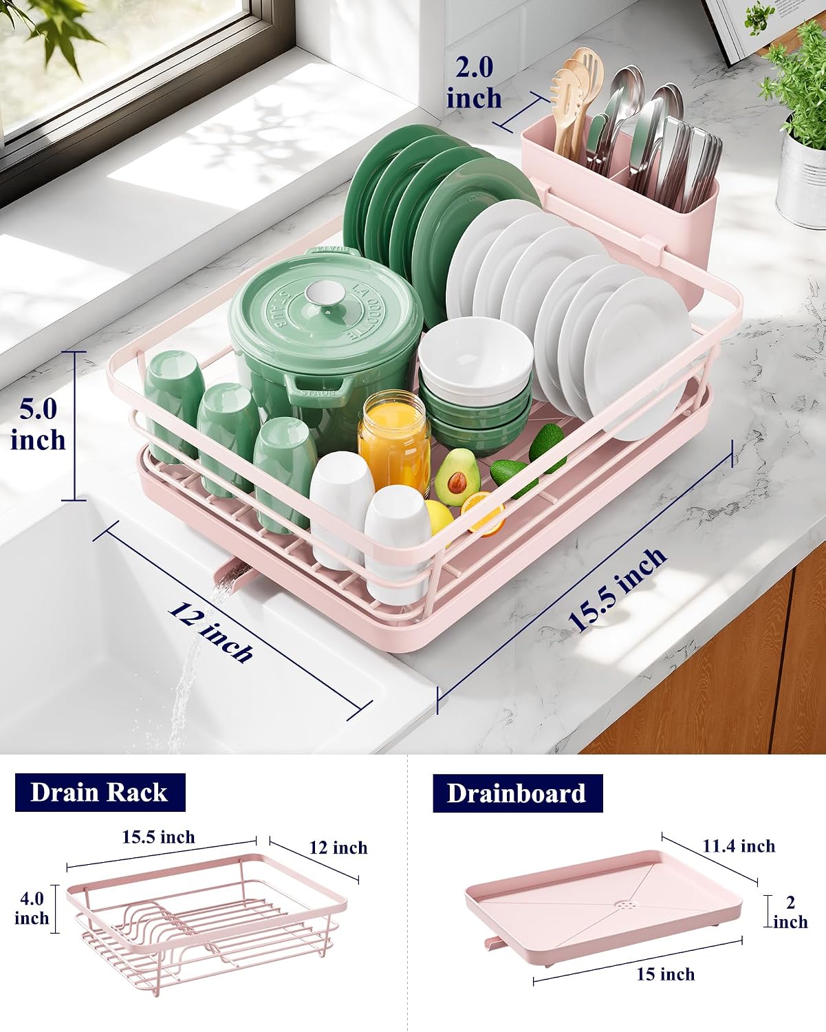 Dish Drying Rack for Kitchen Counter, 12''W x 15.5''L, Black | Stainless Steel Sink Organization, Cutlery Holder, Home and Appartment Decor