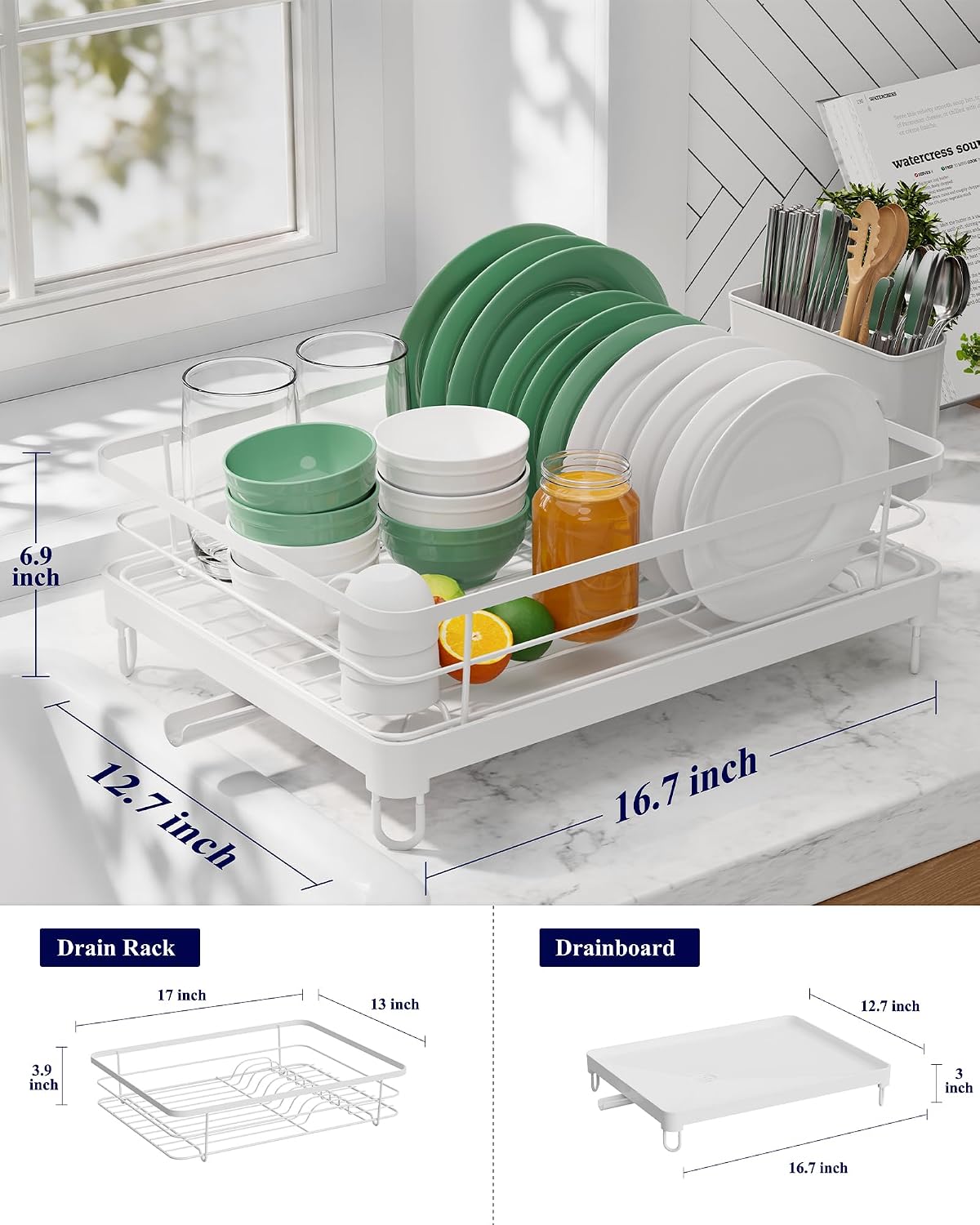 Dish Drying Rack for Kitchen Counter, 12''W x 15.5''L, Black | Stainless Steel Sink Organization, Cutlery Holder, Home and Appartment Decor