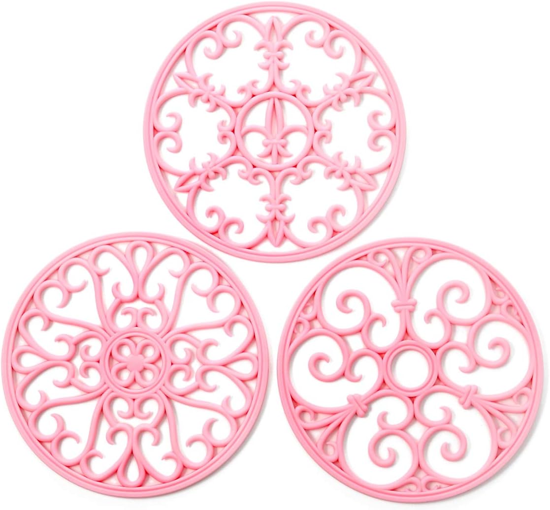 Silicone Trivet Mat - Non-Slip & Heat Resistant Kitchen Pads for Countertops & Table - Trivets for Hot Dishes & Cookware - Pot Holder for Pots & Pans - Pink, Set of 3