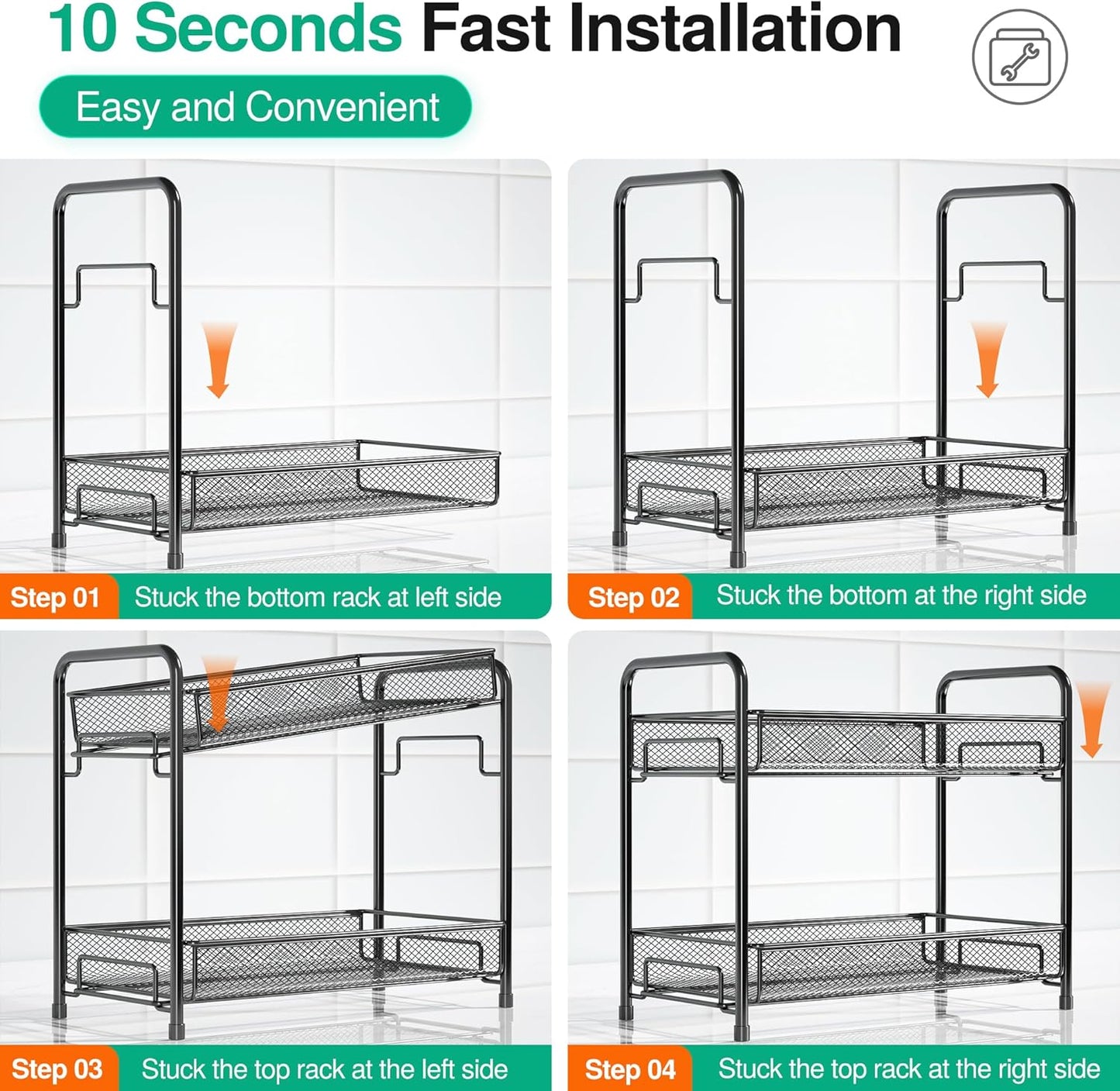 Spice Rack Organizer for Countertop, 2-Tier Foldable Metal Rust-Proof Standing Large Seasoning Storage Shelf with Guardrail and Mesh Design for Kitchen Cabinet Bathroom Living Room Pantry, Black