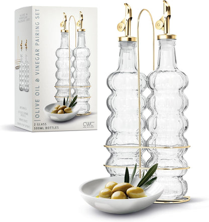 Glass Olive Oil Bottle Dispenser, Clear, Elegant Waves | 2 Pack, 17oz, Oil and Vinegar Cruet, Olive Oil Carafe Decanter, For Kitchen