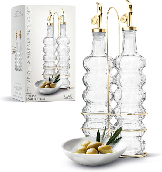 Glass Olive Oil Bottle Dispenser, Clear, Elegant Waves | 2 Pack, 17oz, Oil and Vinegar Cruet, Olive Oil Carafe Decanter, For Kitchen