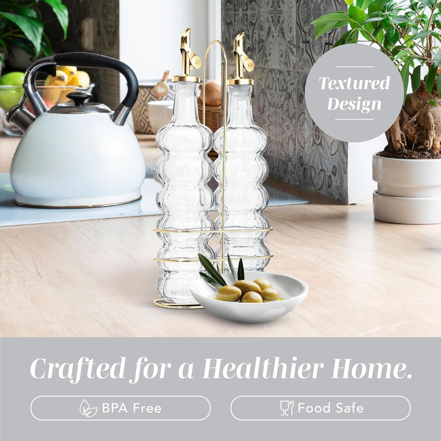 Glass Olive Oil Bottle Dispenser, Clear, Elegant Waves | 2 Pack, 17oz, Oil and Vinegar Cruet, Olive Oil Carafe Decanter, For Kitchen
