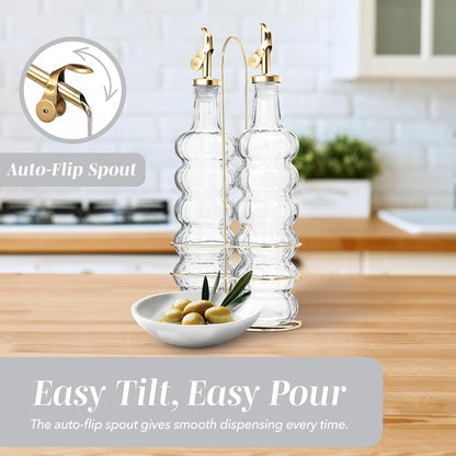 Glass Olive Oil Bottle Dispenser, Clear, Elegant Waves | 2 Pack, 17oz, Oil and Vinegar Cruet, Olive Oil Carafe Decanter, For Kitchen
