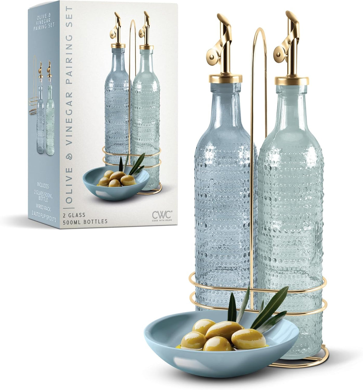 Glass Olive Oil Bottle Dispenser, Clear, Elegant Waves | 2 Pack, 17oz, Oil and Vinegar Cruet, Olive Oil Carafe Decanter, For Kitchen