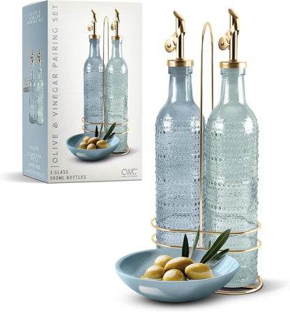 Glass Olive Oil Bottle Dispenser, Clear, Elegant Waves | 2 Pack, 17oz, Oil and Vinegar Cruet, Olive Oil Carafe Decanter, For Kitchen
