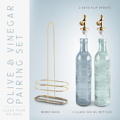 Glass Olive Oil Bottle Dispenser, Clear, Elegant Waves | 2 Pack, 17oz, Oil and Vinegar Cruet, Olive Oil Carafe Decanter, For Kitchen