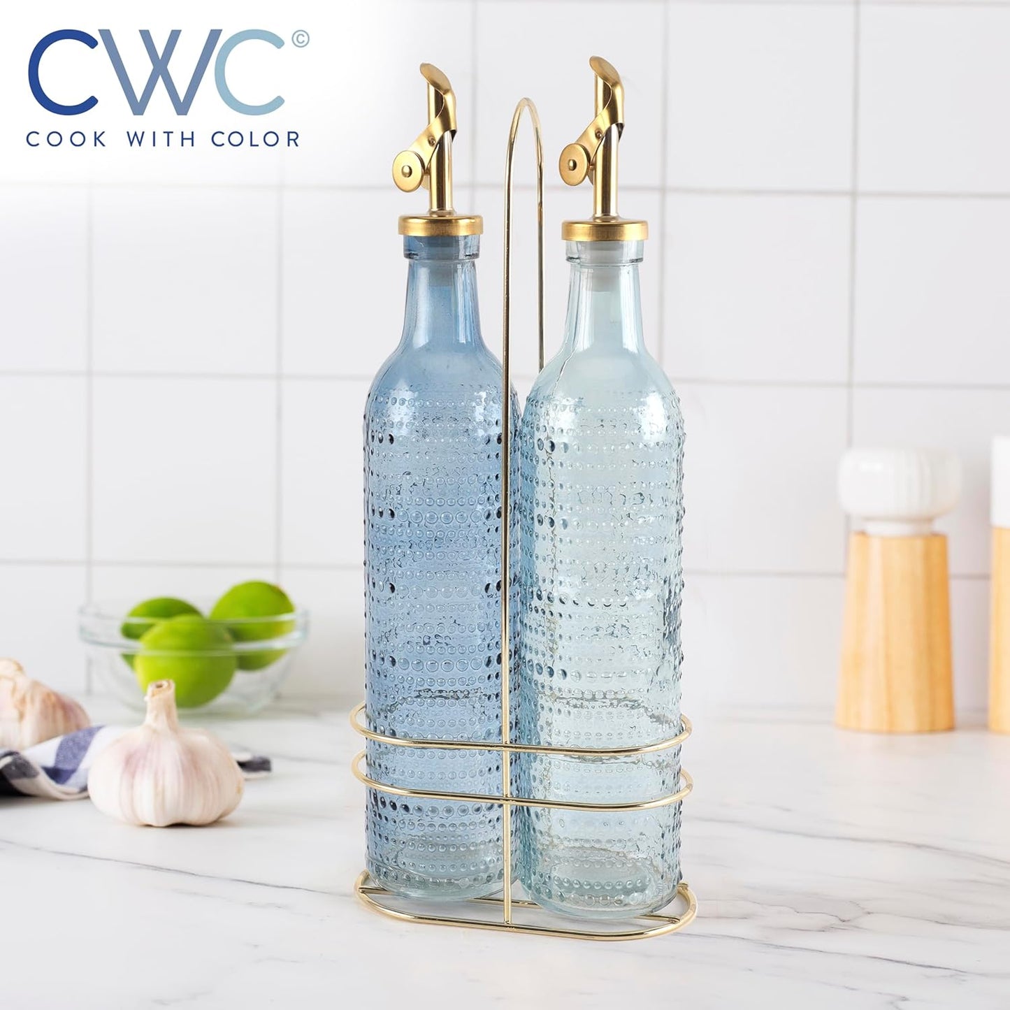 Glass Olive Oil Bottle Dispenser, Clear, Elegant Waves | 2 Pack, 17oz, Oil and Vinegar Cruet, Olive Oil Carafe Decanter, For Kitchen