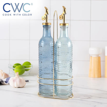 Glass Olive Oil Bottle Dispenser, Clear, Elegant Waves | 2 Pack, 17oz, Oil and Vinegar Cruet, Olive Oil Carafe Decanter, For Kitchen