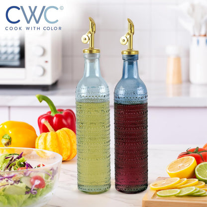 Glass Olive Oil Bottle Dispenser, Clear, Elegant Waves | 2 Pack, 17oz, Oil and Vinegar Cruet, Olive Oil Carafe Decanter, For Kitchen