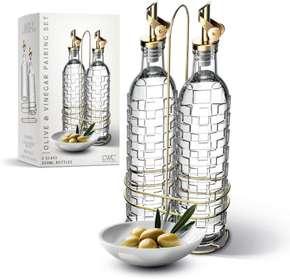 Glass Olive Oil Bottle Dispenser, Clear, Elegant Waves | 2 Pack, 17oz, Oil and Vinegar Cruet, Olive Oil Carafe Decanter, For Kitchen