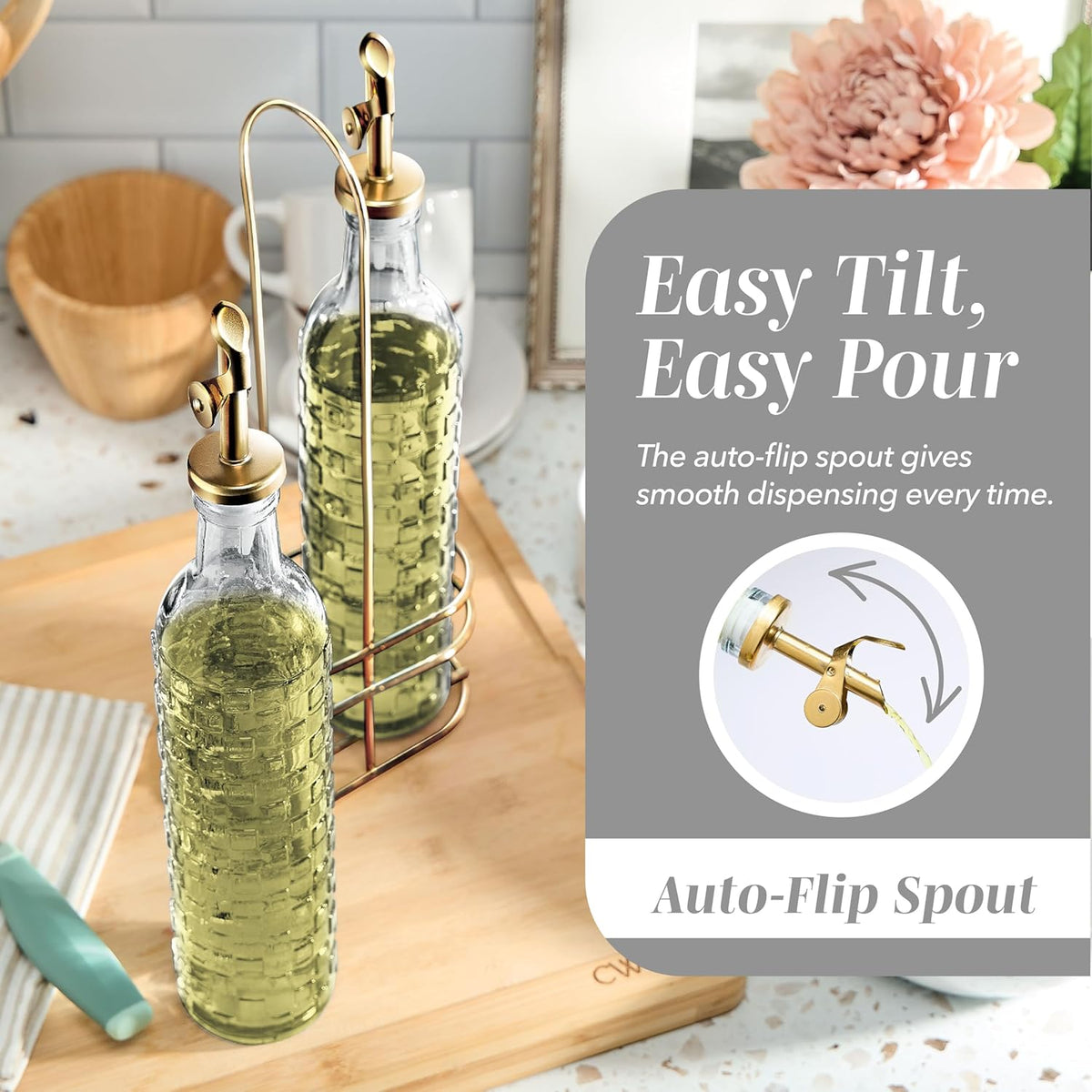 Glass Olive Oil Bottle Dispenser, Clear, Elegant Waves | 2 Pack, 17oz, Oil and Vinegar Cruet, Olive Oil Carafe Decanter, For Kitchen