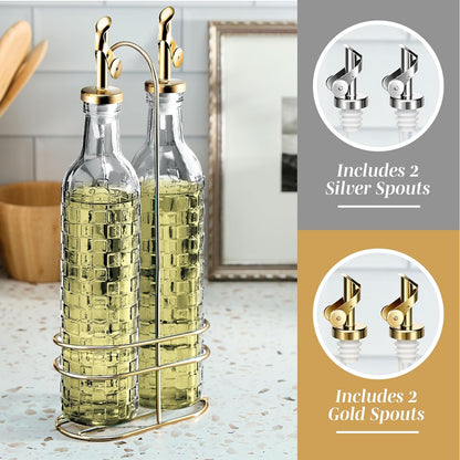 Glass Olive Oil Bottle Dispenser, Clear, Elegant Waves | 2 Pack, 17oz, Oil and Vinegar Cruet, Olive Oil Carafe Decanter, For Kitchen