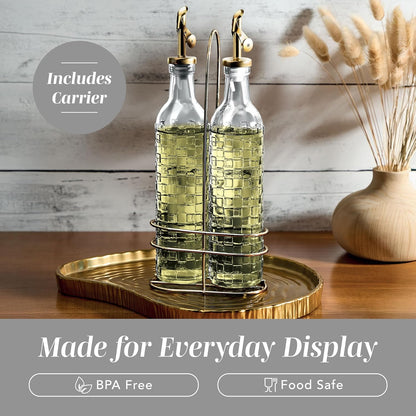 Glass Olive Oil Bottle Dispenser, Clear, Elegant Waves | 2 Pack, 17oz, Oil and Vinegar Cruet, Olive Oil Carafe Decanter, For Kitchen