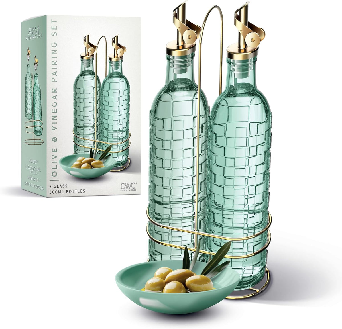 Glass Olive Oil Bottle Dispenser, Clear, Elegant Waves | 2 Pack, 17oz, Oil and Vinegar Cruet, Olive Oil Carafe Decanter, For Kitchen