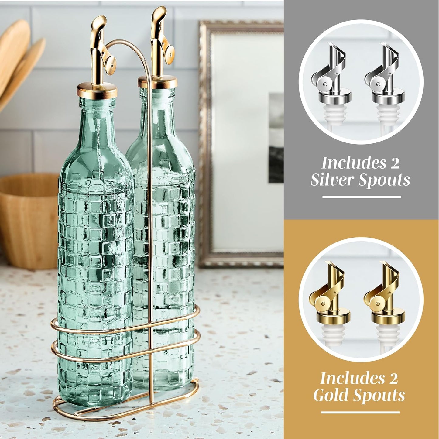 Glass Olive Oil Bottle Dispenser, Clear, Elegant Waves | 2 Pack, 17oz, Oil and Vinegar Cruet, Olive Oil Carafe Decanter, For Kitchen