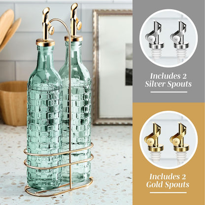 Glass Olive Oil Bottle Dispenser, Clear, Elegant Waves | 2 Pack, 17oz, Oil and Vinegar Cruet, Olive Oil Carafe Decanter, For Kitchen