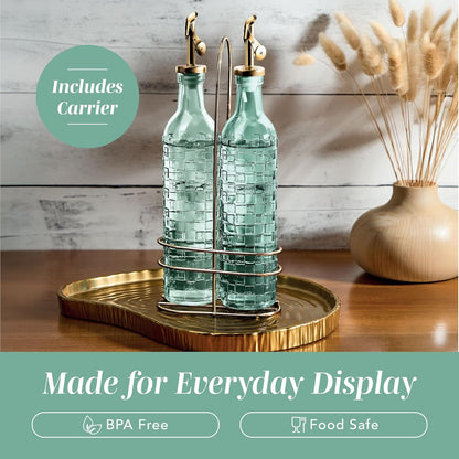 Glass Olive Oil Bottle Dispenser, Clear, Elegant Waves | 2 Pack, 17oz, Oil and Vinegar Cruet, Olive Oil Carafe Decanter, For Kitchen