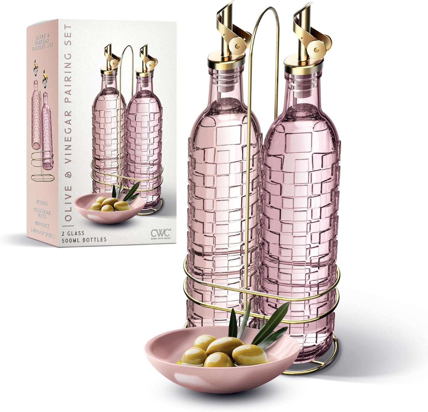 Glass Olive Oil Bottle Dispenser, Clear, Elegant Waves | 2 Pack, 17oz, Oil and Vinegar Cruet, Olive Oil Carafe Decanter, For Kitchen