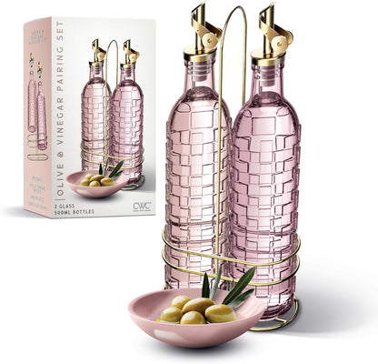 Glass Olive Oil Bottle Dispenser, Clear, Elegant Waves | 2 Pack, 17oz, Oil and Vinegar Cruet, Olive Oil Carafe Decanter, For Kitchen