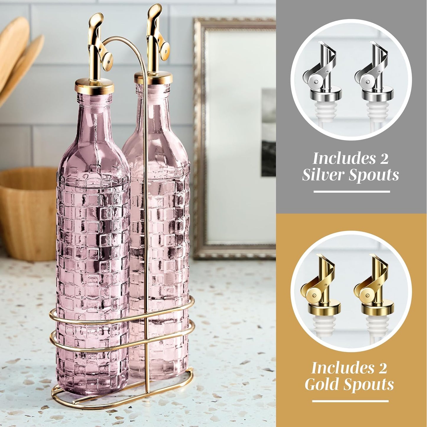 Glass Olive Oil Bottle Dispenser, Clear, Elegant Waves | 2 Pack, 17oz, Oil and Vinegar Cruet, Olive Oil Carafe Decanter, For Kitchen