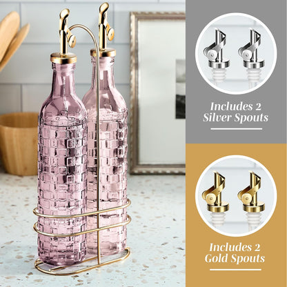 Glass Olive Oil Bottle Dispenser, Clear, Elegant Waves | 2 Pack, 17oz, Oil and Vinegar Cruet, Olive Oil Carafe Decanter, For Kitchen