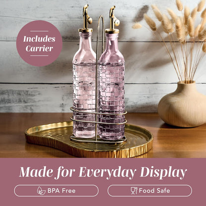 Glass Olive Oil Bottle Dispenser, Clear, Elegant Waves | 2 Pack, 17oz, Oil and Vinegar Cruet, Olive Oil Carafe Decanter, For Kitchen