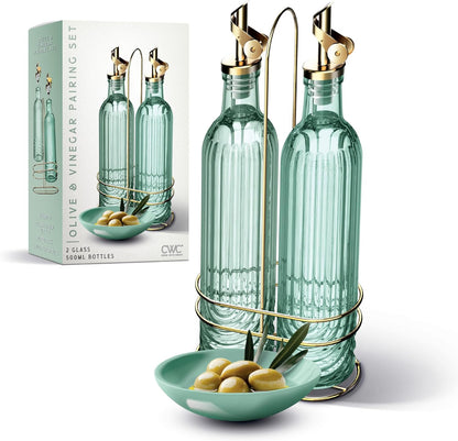 Glass Olive Oil Bottle Dispenser, Clear, Elegant Waves | 2 Pack, 17oz, Oil and Vinegar Cruet, Olive Oil Carafe Decanter, For Kitchen