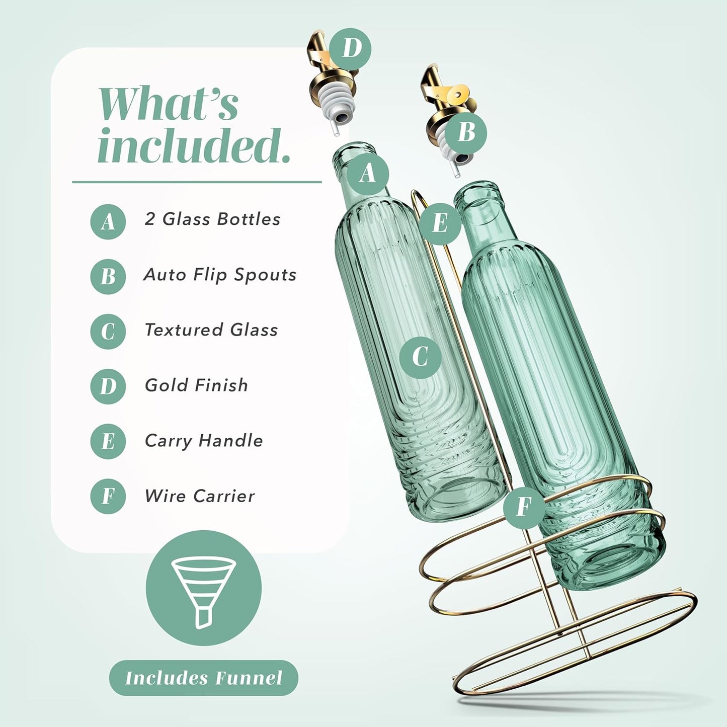 Glass Olive Oil Bottle Dispenser, Clear, Elegant Waves | 2 Pack, 17oz, Oil and Vinegar Cruet, Olive Oil Carafe Decanter, For Kitchen