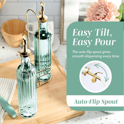 Glass Olive Oil Bottle Dispenser, Clear, Elegant Waves | 2 Pack, 17oz, Oil and Vinegar Cruet, Olive Oil Carafe Decanter, For Kitchen