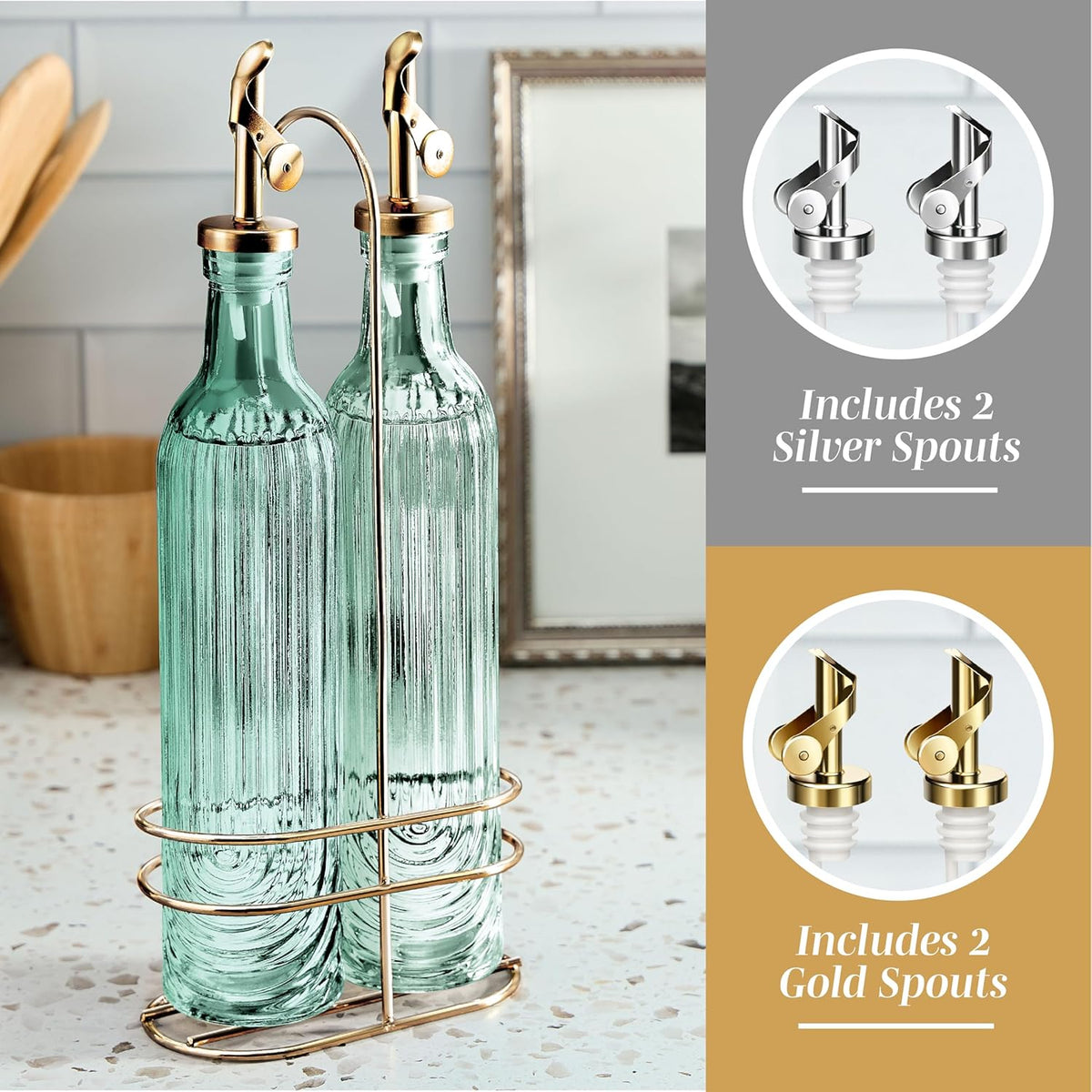 Glass Olive Oil Bottle Dispenser, Clear, Elegant Waves | 2 Pack, 17oz, Oil and Vinegar Cruet, Olive Oil Carafe Decanter, For Kitchen
