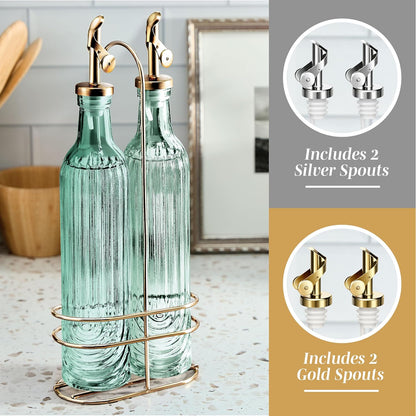 Glass Olive Oil Bottle Dispenser, Clear, Elegant Waves | 2 Pack, 17oz, Oil and Vinegar Cruet, Olive Oil Carafe Decanter, For Kitchen
