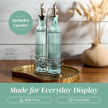 Glass Olive Oil Bottle Dispenser, Clear, Elegant Waves | 2 Pack, 17oz, Oil and Vinegar Cruet, Olive Oil Carafe Decanter, For Kitchen