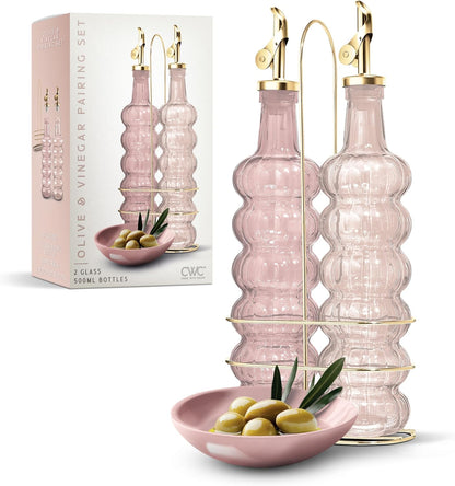 Glass Olive Oil Bottle Dispenser, Clear, Elegant Waves | 2 Pack, 17oz, Oil and Vinegar Cruet, Olive Oil Carafe Decanter, For Kitchen