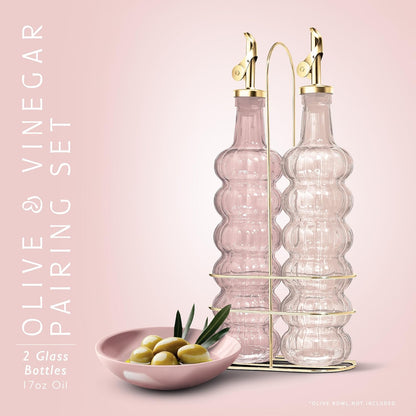 Glass Olive Oil Bottle Dispenser, Clear, Elegant Waves | 2 Pack, 17oz, Oil and Vinegar Cruet, Olive Oil Carafe Decanter, For Kitchen