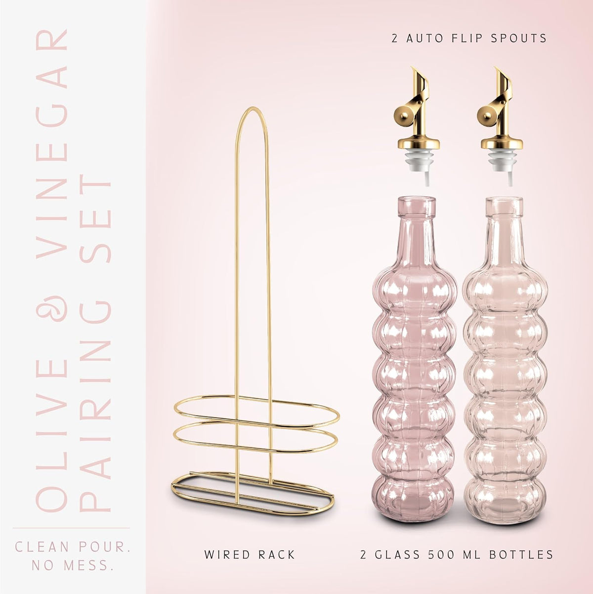 Glass Olive Oil Bottle Dispenser, Clear, Elegant Waves | 2 Pack, 17oz, Oil and Vinegar Cruet, Olive Oil Carafe Decanter, For Kitchen