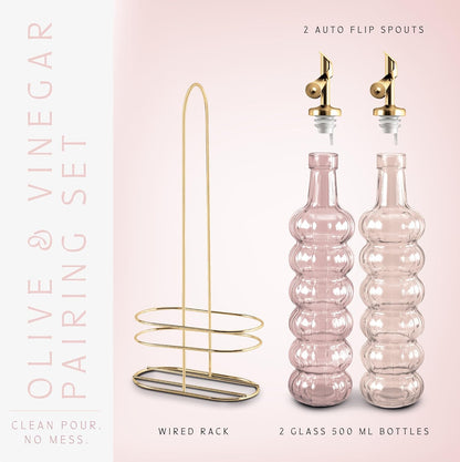 Glass Olive Oil Bottle Dispenser, Clear, Elegant Waves | 2 Pack, 17oz, Oil and Vinegar Cruet, Olive Oil Carafe Decanter, For Kitchen