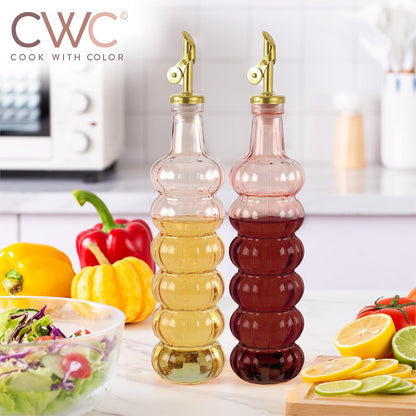 Glass Olive Oil Bottle Dispenser, Clear, Elegant Waves | 2 Pack, 17oz, Oil and Vinegar Cruet, Olive Oil Carafe Decanter, For Kitchen