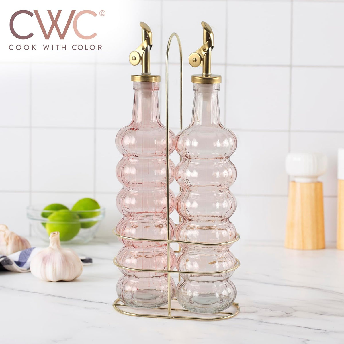 Glass Olive Oil Bottle Dispenser, Clear, Elegant Waves | 2 Pack, 17oz, Oil and Vinegar Cruet, Olive Oil Carafe Decanter, For Kitchen