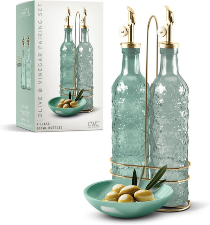 Glass Olive Oil Bottle Dispenser, Clear, Elegant Waves | 2 Pack, 17oz, Oil and Vinegar Cruet, Olive Oil Carafe Decanter, For Kitchen